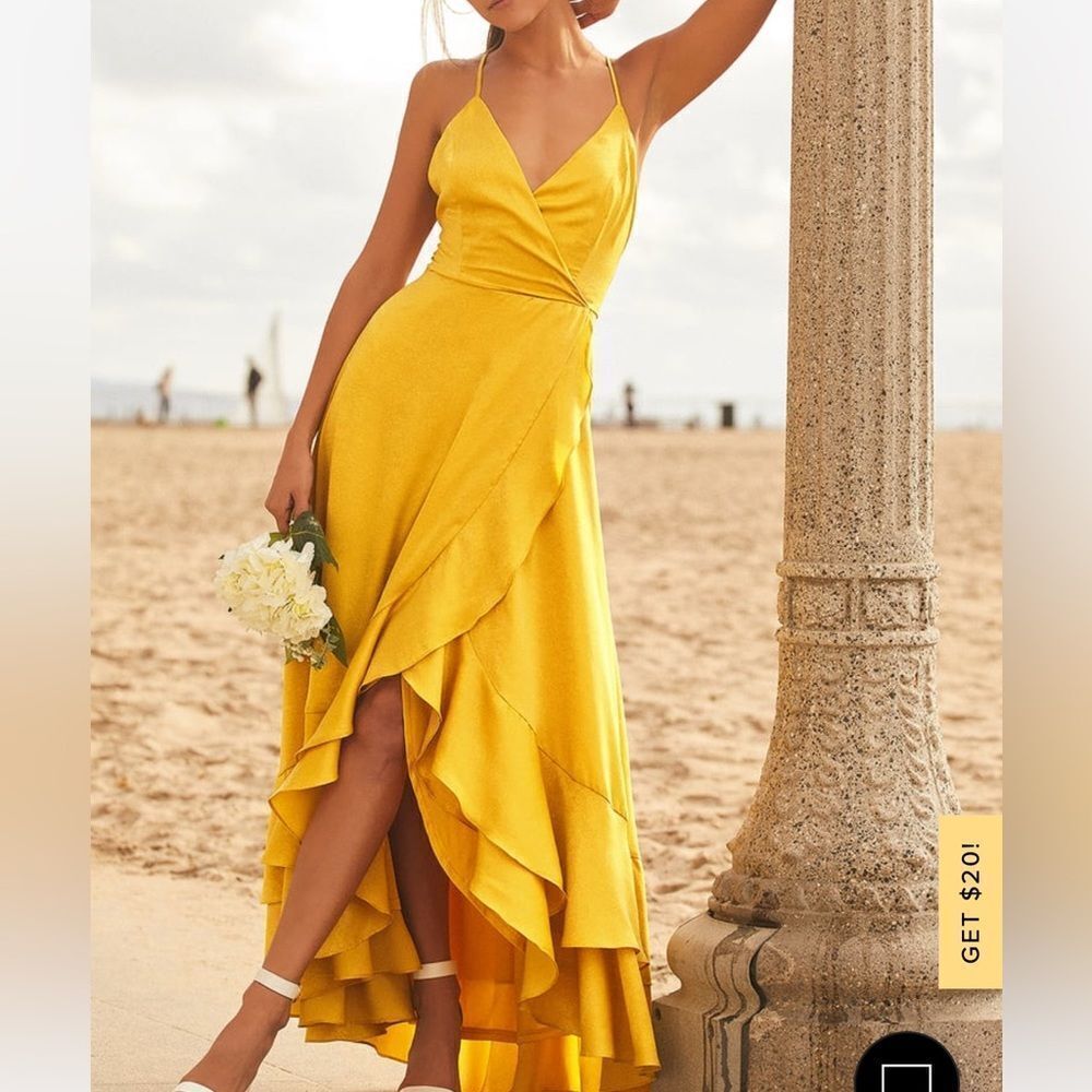 Lulu’s In Love Forever Mustard Yellow Satin Lace-Up High-Low‎ Maxi Dress XS NWT